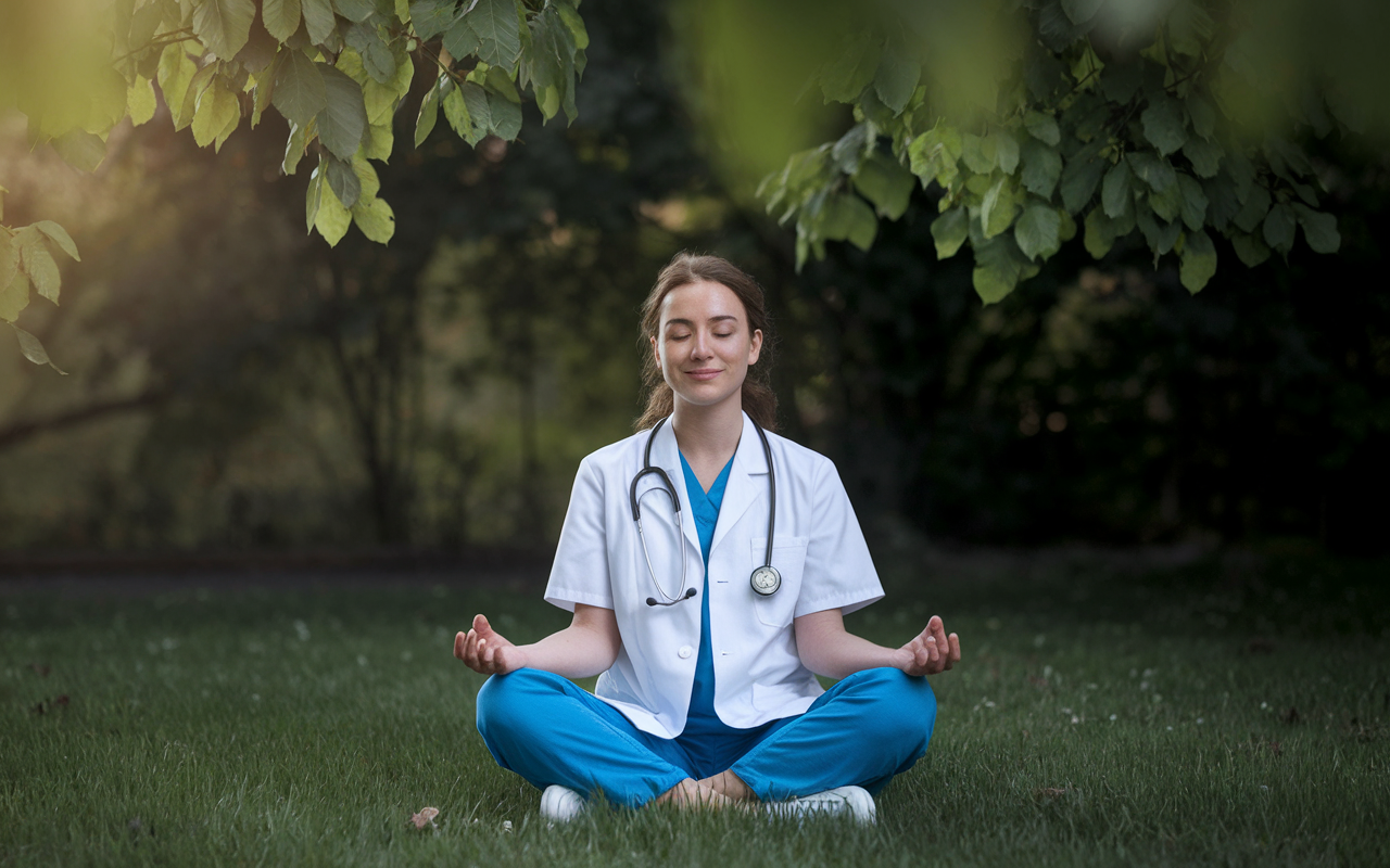 A peaceful scene depicting a medical student practicing mindfulness before their residency interview in a quiet, natural setting, perhaps a park or serene garden. The student is seated cross-legged on the grass, eyes closed with a slight smile, surrounded by nature, invoking a sense of calm and focus. Soft, ambient lighting filters through the leaves above, creating an atmosphere of tranquility, symbolizing the importance of managing anxiety and stress before the high-pressure interview process.