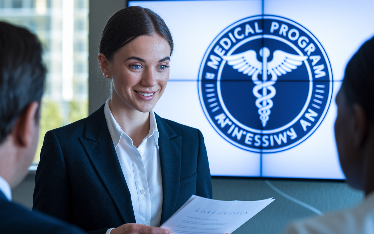 A close-up shot of a confident medical graduate, Dr. Jane Doe, in professional attire, standing in an interview room with a slight smile. She is holding her resume while engaging with her interviewers. Behind her, a digital display shows the logo of the medical program she is applying to, enhancing the atmosphere of professionalism and ambition. The lighting is bright and inviting, reflecting her enthusiasm and readiness.