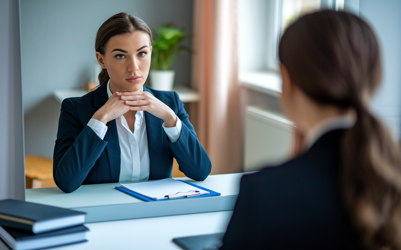 A young woman practicing her residency interview introduction in front of a mirror. She appears focused and determined, dressed in professional interview attire. The room has a calm atmosphere with soft natural light coming from the window, illuminating her face. Notes and a neatly organized portfolio can be seen on the desk, reflecting her preparation and dedication. A sense of anticipation fills the scene, showcasing the importance of practice.