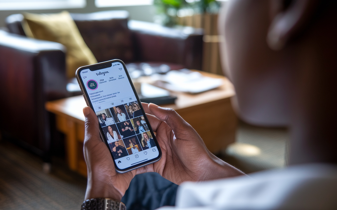 A medical applicant browsing the Instagram page of a residency program on their smartphone, engaged with images depicting social events and resident activities. The light of the phone illuminates their focused expression, set against a cozy lounge area that hints at a relaxed atmosphere among residents.