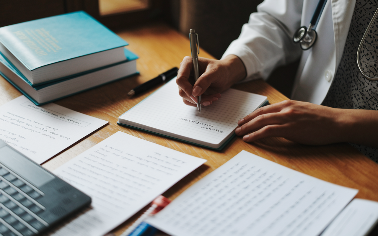 A medical applicant reflecting while writing a personal narrative on a notepad, surrounded by medical textbooks and a half-open laptop. The setting is an inviting room with warm lighting, creating a contemplative atmosphere. Papers are scattered around showing notes of past experiences and aspirations tied to the residency program.