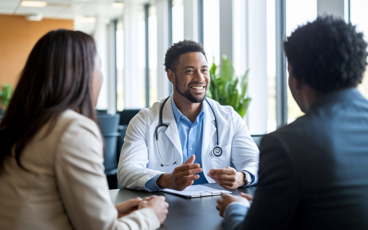 A medical residency candidate confidently sitting in an interview room, engaging closely with panel interviewers. The atmosphere is professional yet welcoming, with natural light streaming through large windows. The candidate expresses enthusiasm and familiarity with the program, referencing their prepared notes.