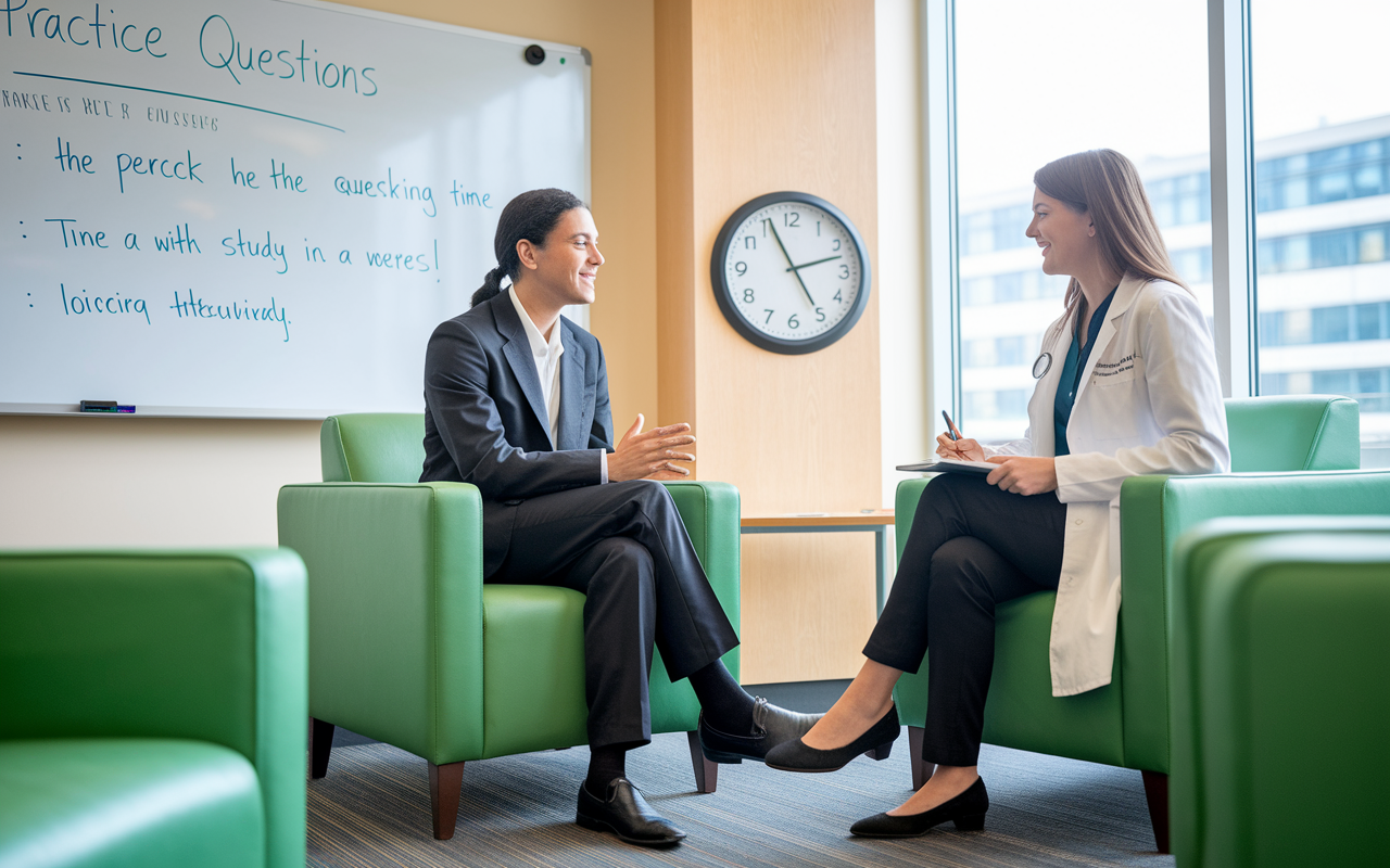 A scene capturing two medical students, one playing the role of the interviewer and the other the interviewee, in a bright and friendly study lounge. The interviewee, dressed in business attire, is confidently responding while the interviewer, seated across with a notepad, listens attentively. A whiteboard with ‘Practice Questions’ and a clock showing time running out creates an atmosphere of urgency and preparation.