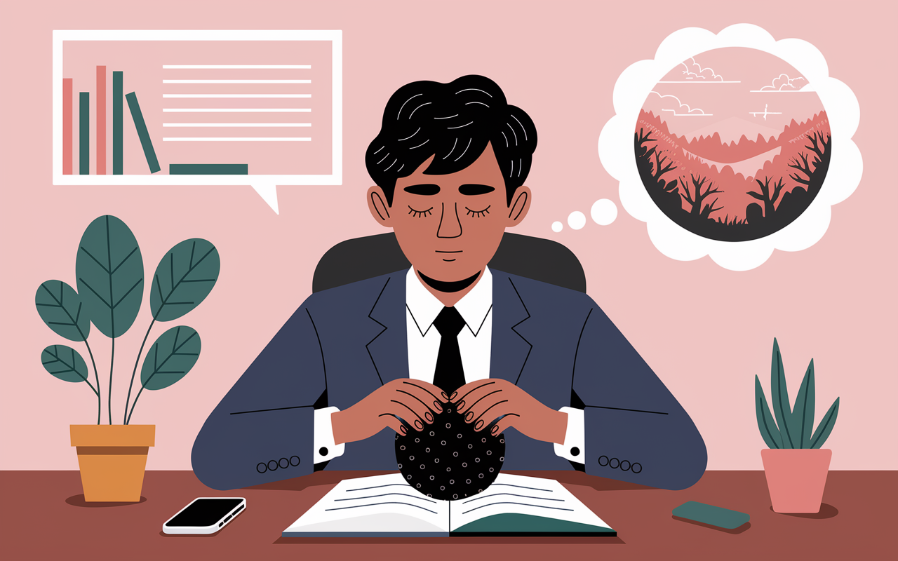 A captivating illustration of grounding techniques in practice, depicting a young candidate in an interview room, eyes closed, touching a textured object like a stress ball while focusing on the surroundings. A thought bubble shows a serene image contrasting the chaotic interview environment, symbolizing the calming power of grounding.