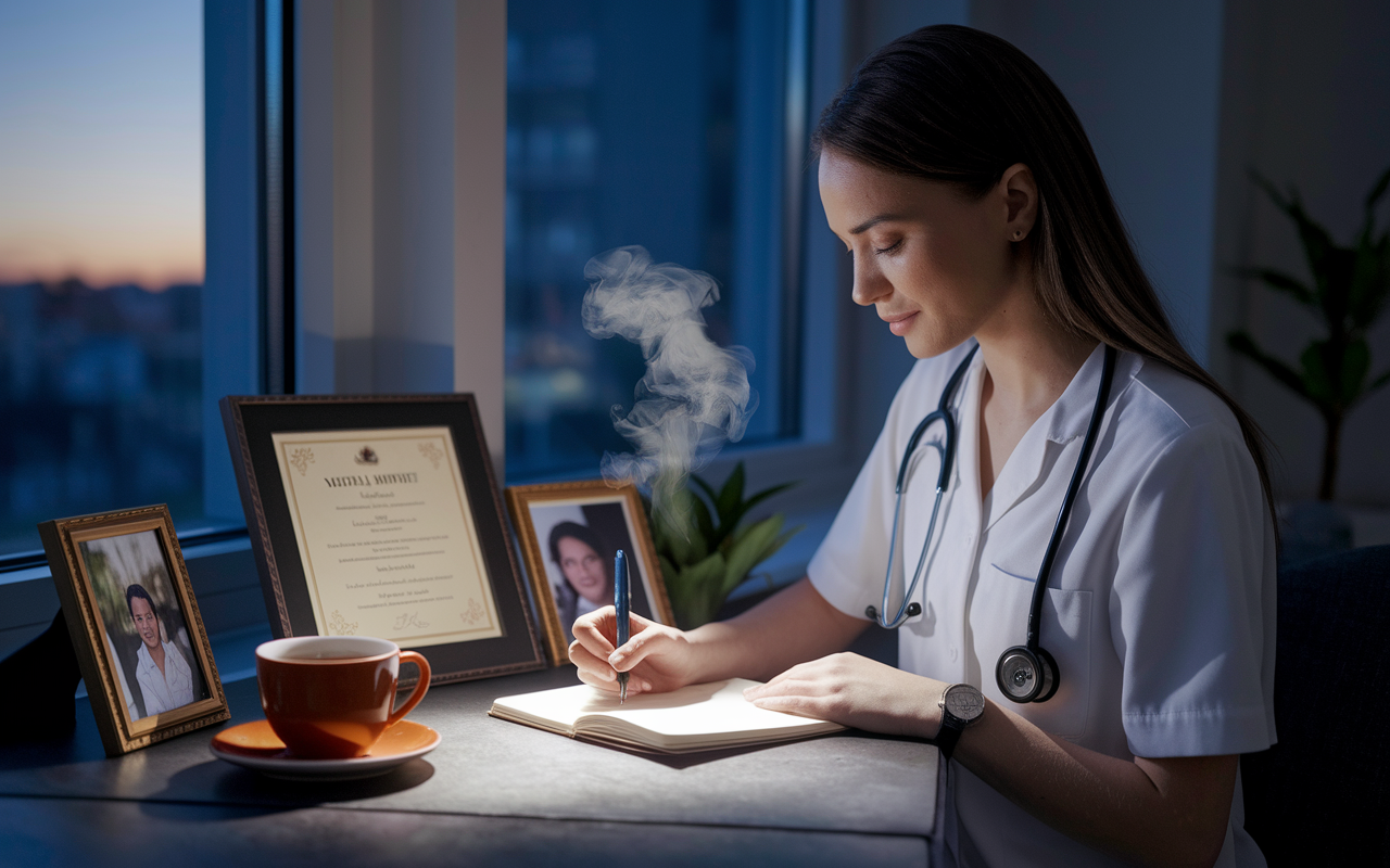 A serene scene of a young medical professional sitting at a cozy desk in soft evening light, writing in a journal with a reflective expression. A steaming cup of tea, family photos, and a framed medical degree create a warm atmosphere that emphasizes introspection and gratitude. Outside the window, a calm sunset adds to the peaceful ambiance.