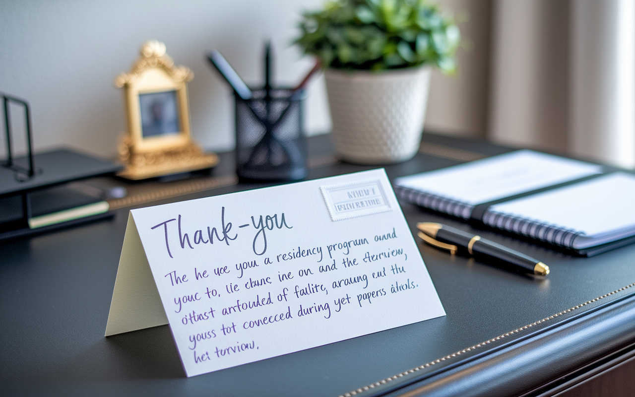 A close-up shot of a handwritten thank-you note placed on a stylish desk, featuring elegant, quality stationery. The note expresses gratitude to a residency program and includes a reference to a personal connection discussed during the interview. In the background, a soft-focus of office items such as a plant, a pen, and a neatly arranged stack of papers illustrates a professional yet personal atmosphere.