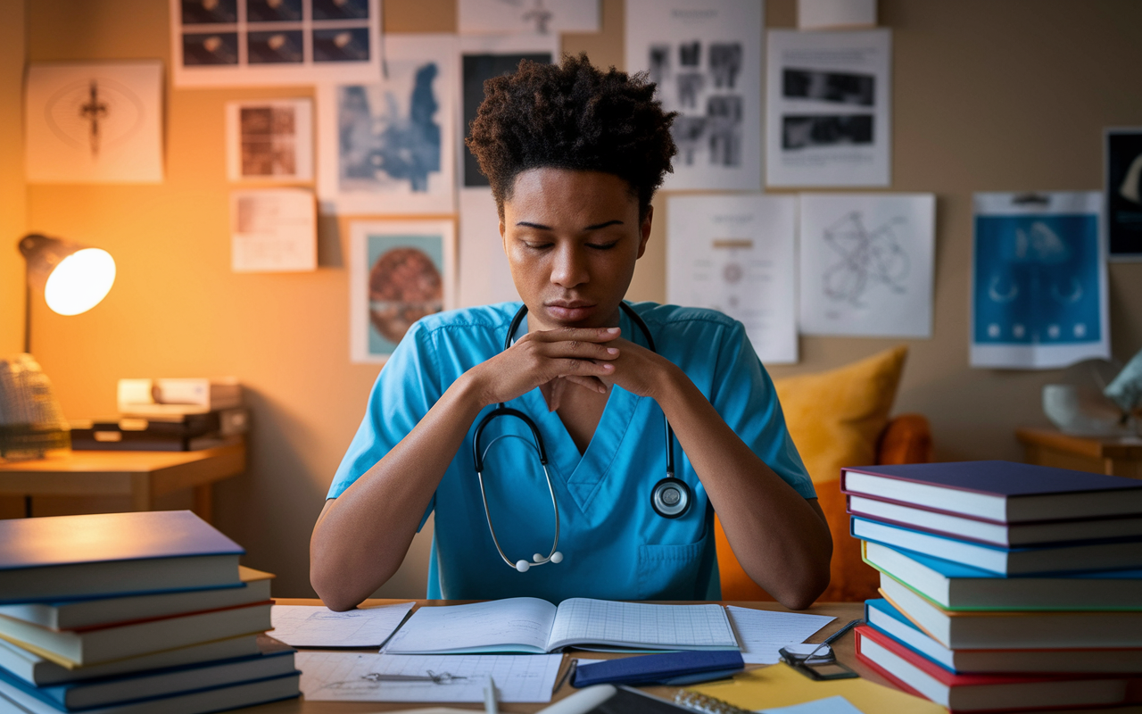 A contemplative medical student sitting at a desk cluttered with textbooks and notes, reflecting on a past failure. The scene is warmly lit, creating a cozy and introspective atmosphere. The student is of diverse descent, showing emotion and thoughtfulness in their expression, with hands resting on their chin, revealing a moment of deep reflection. The surrounding environment is filled with medical charts and diagrams, symbolizing the academic journey and the lessons learned from failure.