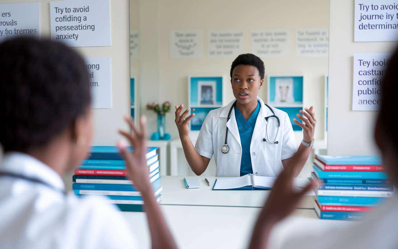 A determined medical student practicing public speaking in front of a mirror, surrounded by medical books and a clear view of notes on the table. The setting is bright and cheerful, with motivational quotes on the walls. The student is looking confident, wearing smart casual clothing, gesturing as if rehearsing a presentation. Their expression shows concentration and determination, reflecting the journey in overcoming their public speaking anxiety.