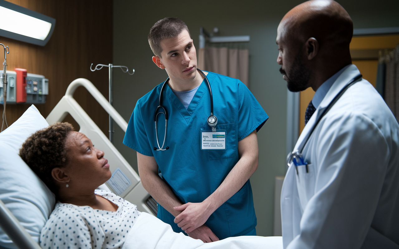 A medical student in scrubs, standing at the bedside of a patient, engaging in a difficult ethical conversation with the attending physician. The patient appears anxious, surrounded by medical equipment in a hospital room. Soft, clinical lighting highlights the tension of the moment. The student's expression conveys empathy and contemplation, reflecting the challenge of addressing the patient's autonomy while fulfilling ethical responsibilities as a healthcare provider.