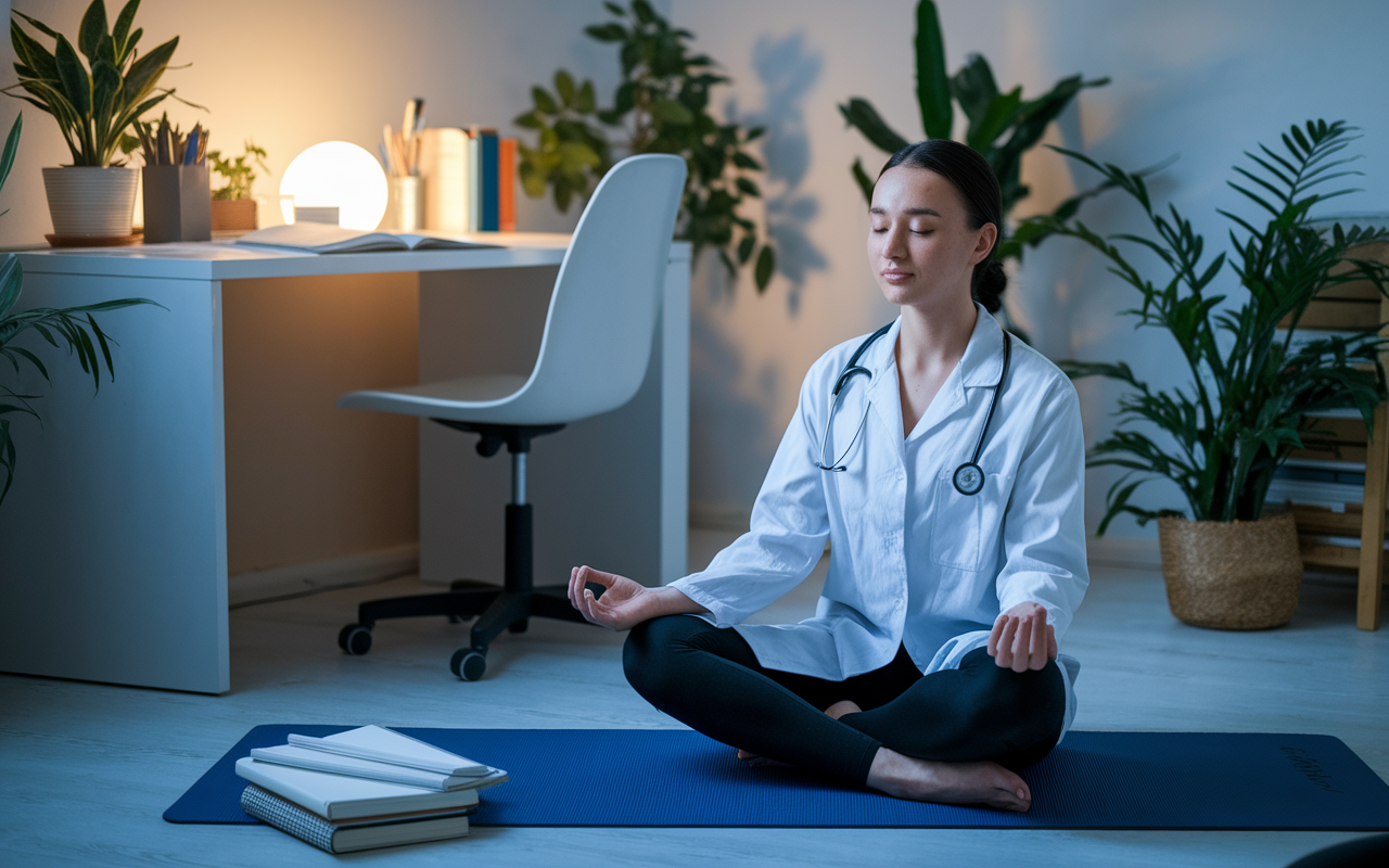 A serene scene of a medical student practicing mindfulness meditation in a quiet study area, surrounded by soft lighting and plants. The student sits cross-legged on a yoga mat, eyes closed, with a peaceful expression conveying relaxation and focus. Nearby, a desk is cluttered with notes and textbooks, illustrating the demanding nature of medical studies. The ambiance is calm and tranquil, creating a stark contrast to the pressures of residency interviews.