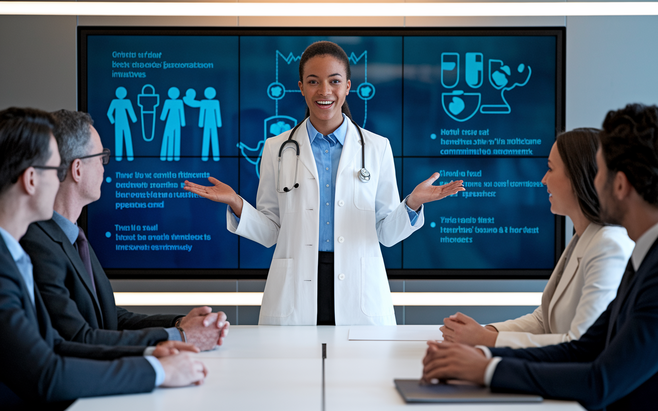 A confident medical student standing in front of a panel of interviewers in a sleek, modern interview room. The student is energetically presenting, with hands animated, conveying passion about their experiences and commitment to community health. The interviewers display expressions of engagement and interest. The background features a digital presentation screen with graphics related to healthcare initiatives, illustrating the student's achievements and community involvement.