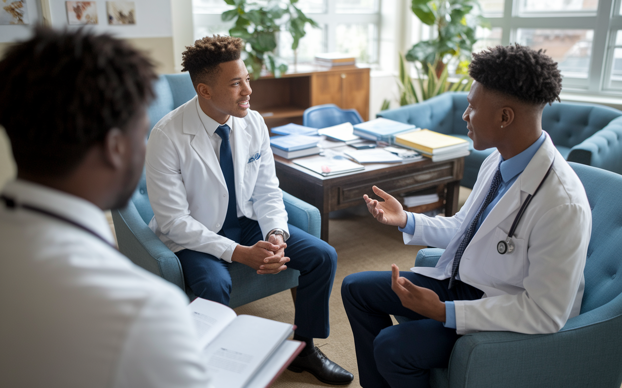 A stimulating mock interview setting with two medical students practicing in front of an experienced mentor. The casual yet professional environment is set up in a cozy office, with notes and medical books scattered around. One student is sitting in an interview posture, while the other is giving feedback, engaged in a meaningful discussion. The mentor is seated, observing closely with a supportive demeanor. The room is well-lit, creating a nurturing atmosphere for learning.