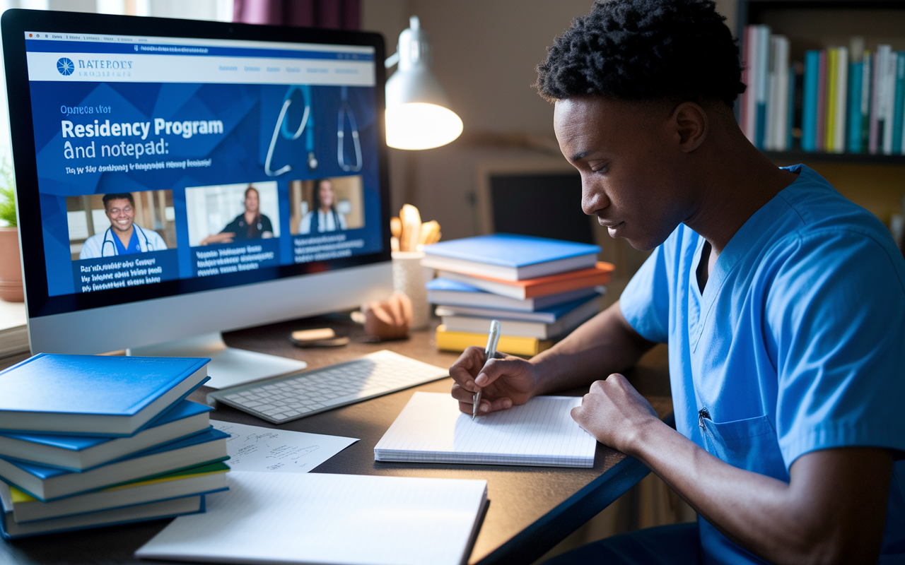 A focused individual sitting at a desk cluttered with medical books and notes, intently writing down insights about a residency program on a notepad. A computer screen displays the program's website with various articles about the program’s mission and recent achievements. The room is warmly lit, creating an atmosphere of diligent preparation and dedication.