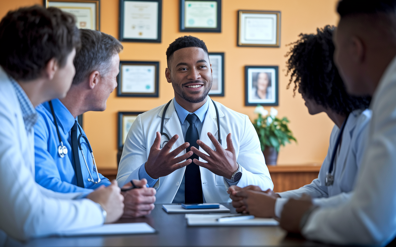 A confident medical graduate sharing a heartfelt personal story during an interview, with interviewers fully engaged, leaning forward and nodding in understanding. The room is warmly decorated with medical posters and framed certificates, creating a nurturing dialogue environment. The medical graduate's expressive gestures convey passion, while the interviewers' attentive body language denotes active listening.