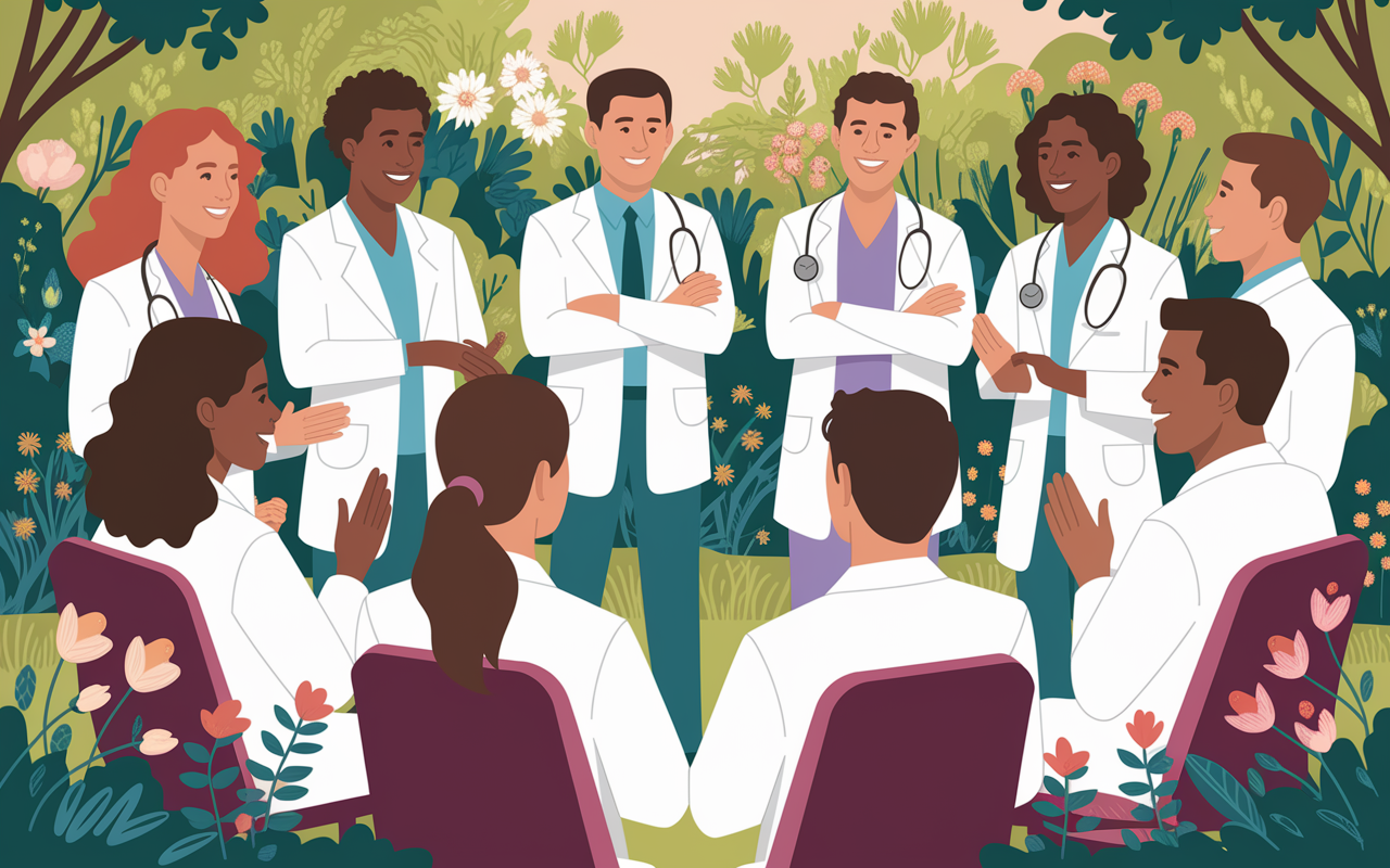 An illustration showing a group of diverse medical graduates in a circle sharing conversations with interviewers in a garden-like setting post-interview. The backdrop is filled with greenery and flowers symbolizing growth and connection, while the candidates express visible enthusiasm and joy. This scene captures various gestures of appreciation and engagement, highlighting the importance of genuine rapport in medical interviews.