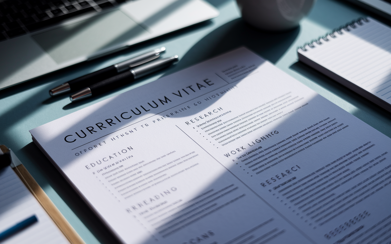 A close-up view of a beautifully designed curriculum vitae laid out on a well-organized desk. The CV includes sections such as education, work experience, and research, with clear headings and professional fonts. Soft lighting casts gentle shadows, emphasizing the neat arrangement of the CV among other interview preparation materials like pens and a notepad.