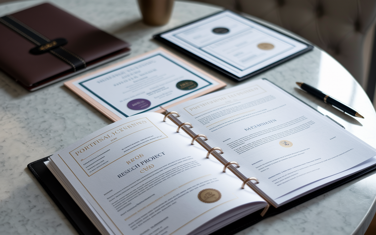 An open professional portfolio displaying various certificates, badges, and a research project submission. The background is a stylish table adorned with a laptop and a portfolio holder. Soft, warm lighting accentuates the detailed documents spread out neatly on the table, showcasing the capabilities and achievements of a medical candidate.