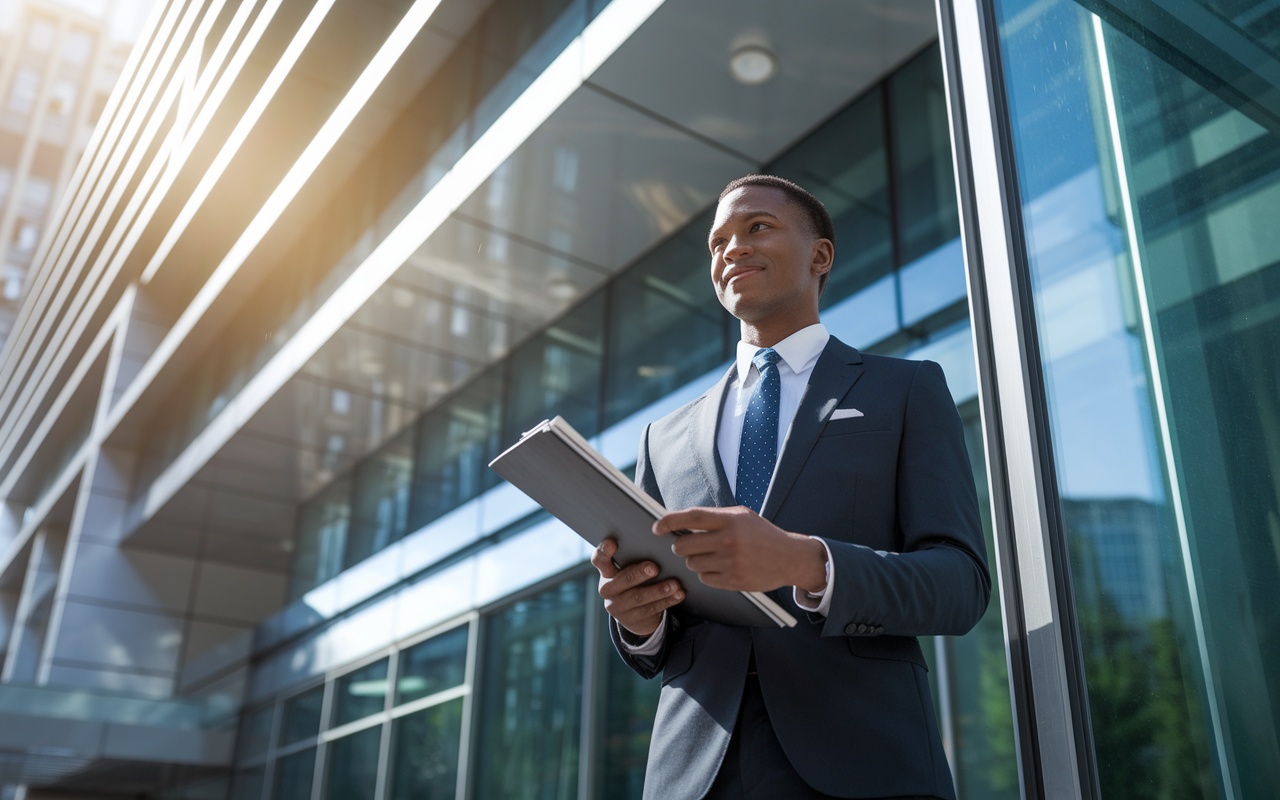 A confident medical candidate in professional attire stands at the entrance of a hospital, portfolio in hand, ready for their residency interview. The architecture of the hospital is modern, with sleek lines and glass panels reflecting sunlight. The candidate’s expression is one of determination and focus, indicative of someone well-prepared for this moment.