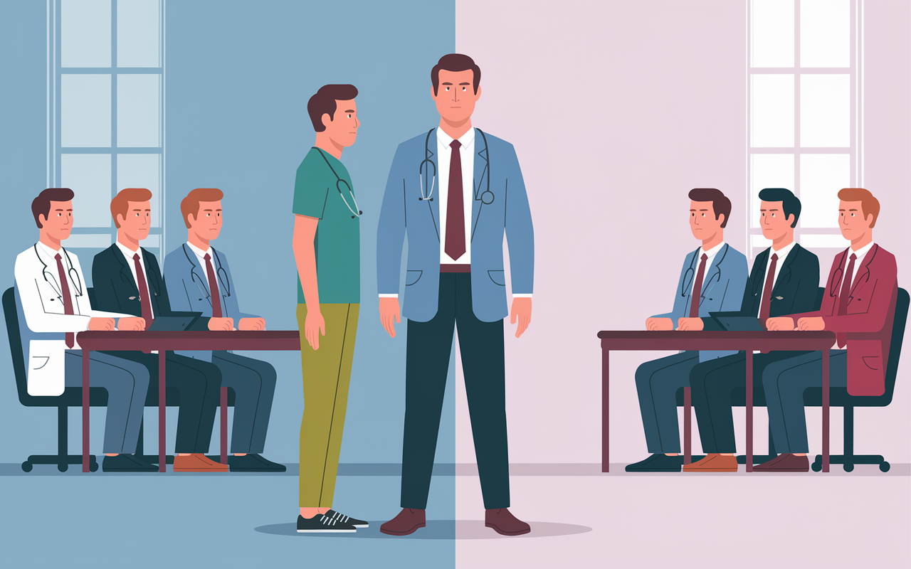 An illustration depicting a split scene: on one side, a candidate in casual attire looking unprofessional creates a negative impression during an interview, while on the other side, a candidate in formal attire exudes confidence and competence. The interview room is well-lit with structured seating and a panel of interviewers observing attentively, capturing the tension and significance of first impressions during job interviews in the medical field.