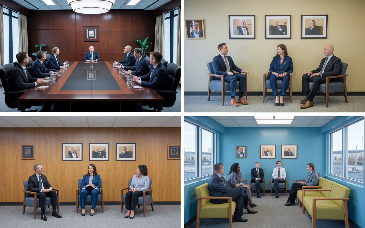 A collage showcasing diverse residency interview settings reflecting different dress codes: one scene in a formal boardroom with candidates in suits, another in a more relaxed clinic environment where business casual attire is acceptable. Each setting has distinct design elements, such as a polished wooden table and formal decorations in the boardroom, contrasted with a more friendly, informal waiting area in the clinic, highlighting the importance of adapting attire to institutional culture.