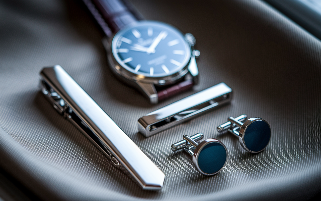 Close-up of sophisticated male accessories for a residency interview, featuring a classic wristwatch, a polished tie clip, and minimal cufflinks arranged elegantly on a fabric backdrop. The lighting is soft and focused, highlighting the quality and understated elegance of the accessories, designed to enhance professional attire without overwhelming it.