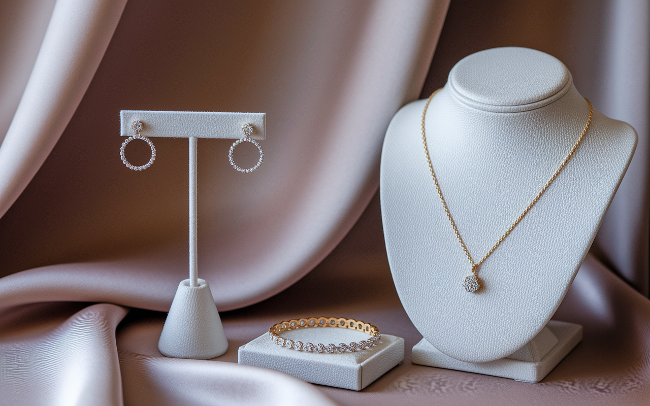 Showcase of understated jewelry options for women preparing for residency interviews, including stud earrings, a sleek necklace, and a tasteful bracelet displayed on a stylish fabric surface. The focus is on simplicity and elegance, with soft lighting that enhances the delicate features of the jewelry, emphasizing professionalism and class that aligns with interview attire.