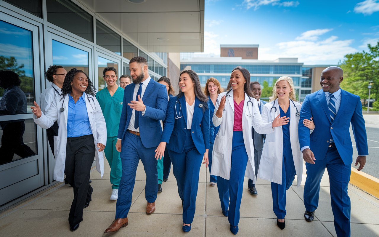 A joyful scene depicting a group of successful residency interview candidates leaving the hospital, dressed in sharp professional attire, sharing congratulatory gestures and smiles. The environment bustles with healthcare professionals, creating a sense of accomplishment and camaraderie. The background showcases an inviting hospital exterior under a clear blue sky, symbolizing a hopeful future in medicine.