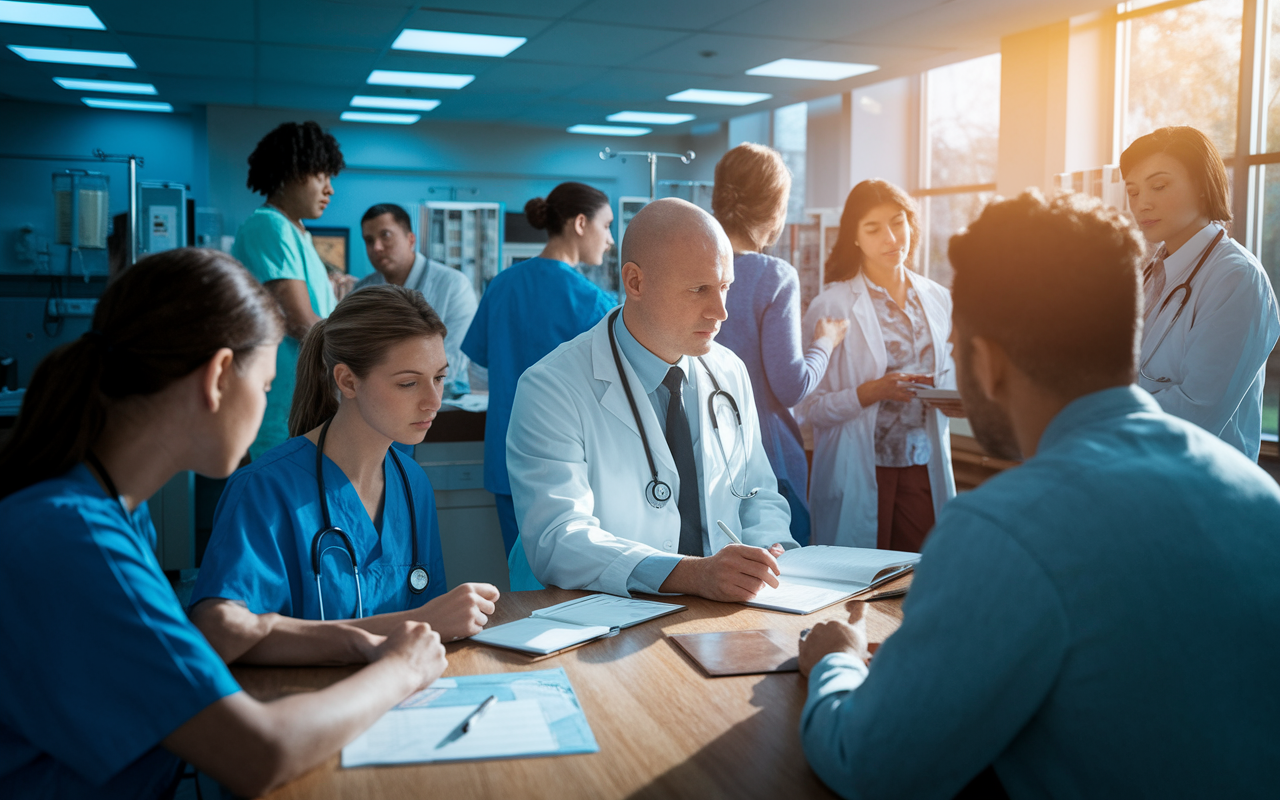 A busy hospital ward featuring medical students interacting with patients and healthcare professionals. In the foreground, a student is observing an experienced doctor consulting a patient, taking notes intently. The room is well-lit with natural sunlight pouring in through a window, casting a warm glow. Medical charts and equipment are visible, emphasizing the learning environment. The scene radiates a sense of urgency and dedication in patient care.