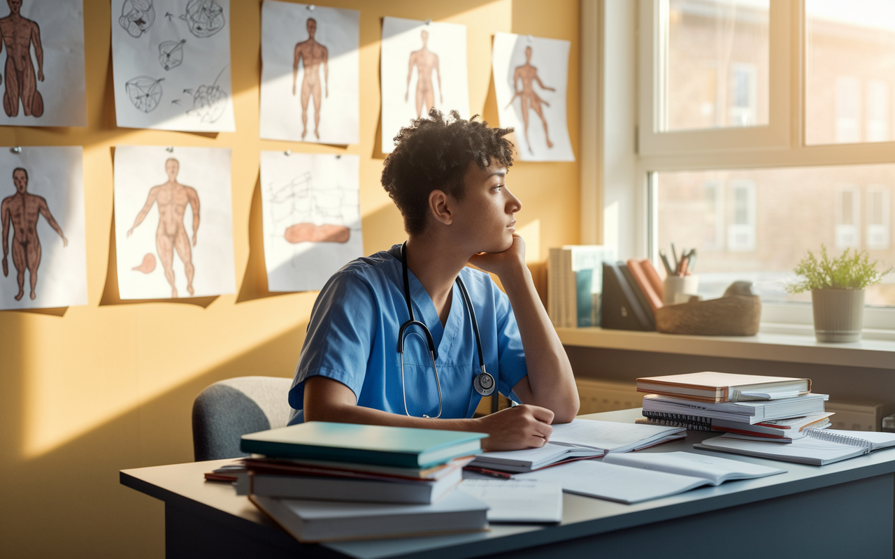 A thoughtful medical student sitting at a desk cluttered with textbooks and clinical notes, gazing out of a window as they reflect on their clinical rotations. The warm afternoon light softly illuminates the study space, creating a serene atmosphere. The backdrop includes a whiteboard with drawings and notes illustrating different medical cases. The scene captures a moment of introspection and growth.