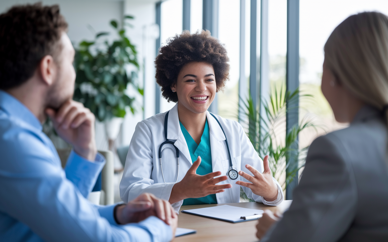 A lively interview scene where a medical student is enthusiastically discussing their clinical rotation experiences with a panel of interviewers. The atmosphere is engaging, with one interviewer leaning forward, showing interest. The room is bright with a modern design, including a large window and plants, fostering a welcoming environment. The expressions on the faces convey curiosity and engagement.