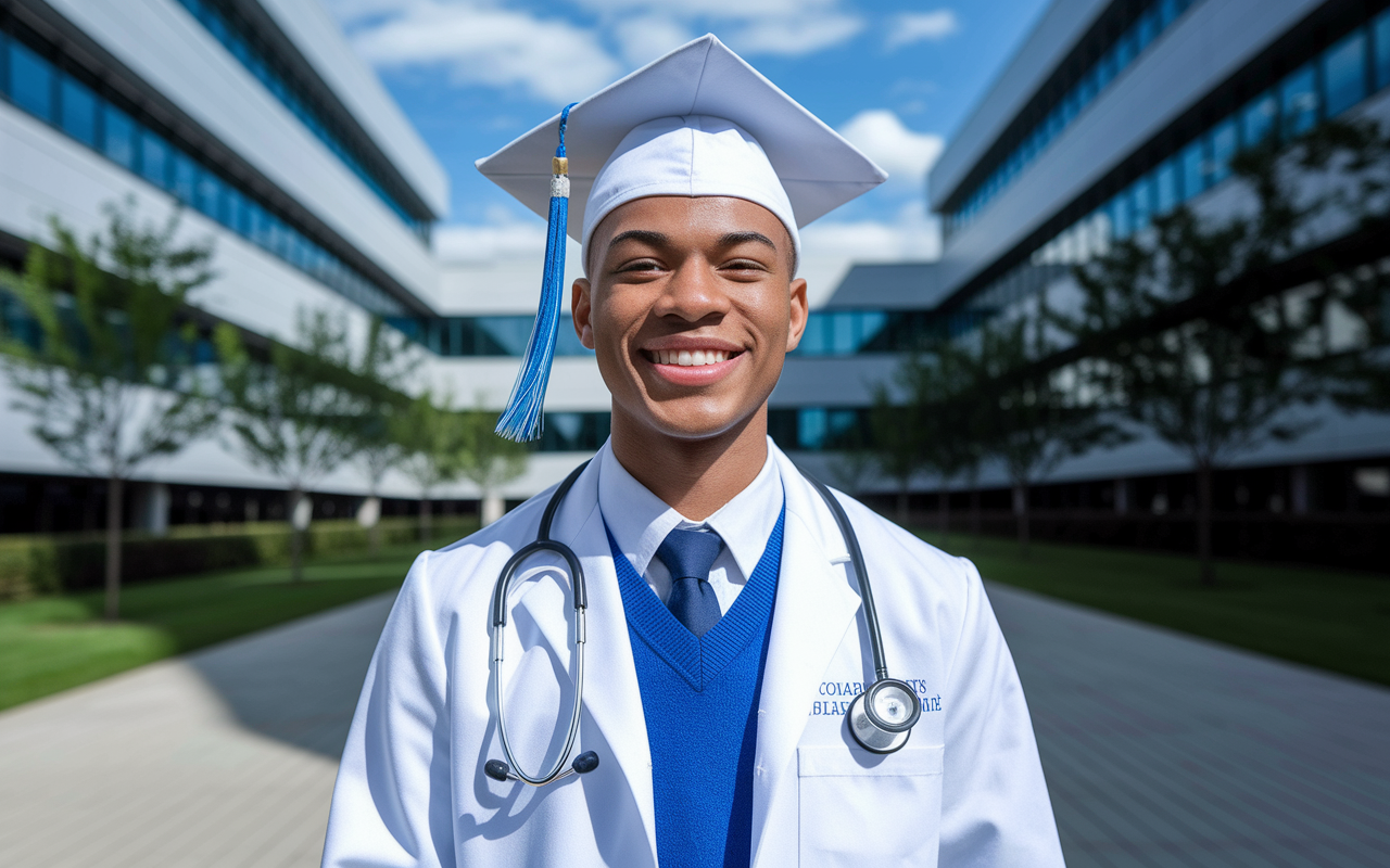 A confident medical graduate dressed in a white coat, standing in front of a modern medical facility, exemplifying readiness for residency. The backdrop captures the institution's architecture and greenery, with a clear blue sky above, symbolizing a bright future. The student's expression displays determination and optimism for the next step in their medical career.