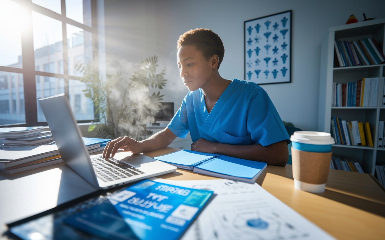 A focused volunteer sitting at a desk with a laptop open, researching various clinical volunteering opportunities. The desk is cluttered with brochures, notepads, and a steaming coffee cup. The room is well-lit with sunlight streaming through the window, illuminating the commitment on the volunteer's face. Details of the environment include a poster of medical symbols on the wall and a bookshelf filled with healthcare literature.