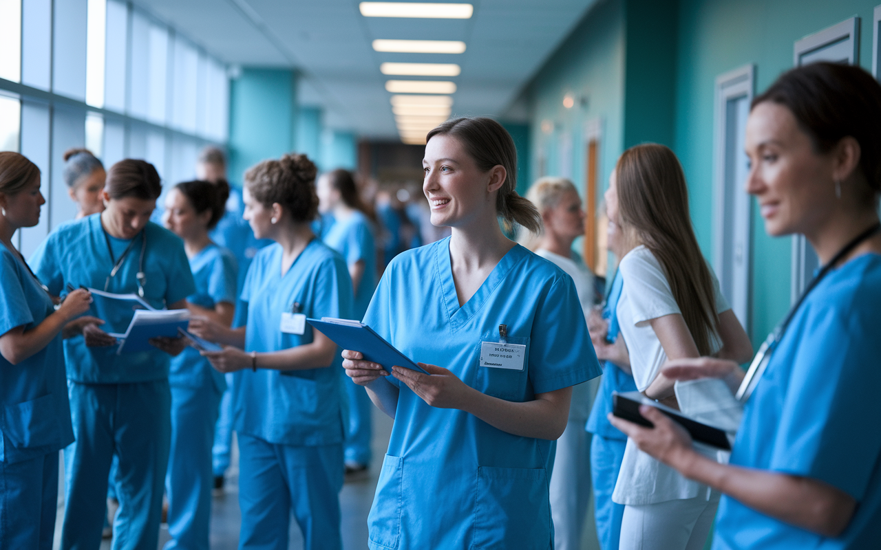 A healthcare volunteer standing with a group of medical professionals in a busy hospital corridor. The atmosphere is dynamic, with staff engaging with various patients. The volunteer is asking questions and taking notes, presenting an image of learning and collaboration. Soft lighting enhances the busy yet cooperative mood of the healthcare setting.