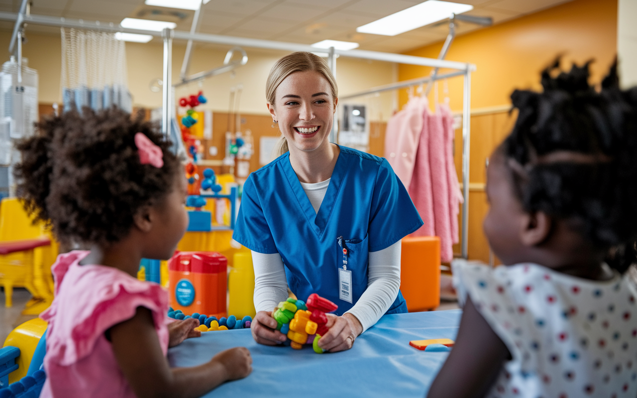 A young woman in hospital scrubs smiling while playing with children in a pediatric ward. Colorful toys and medical equipment are scattered around, creating a cheerful environment. The layout depicts an inviting space filled with laughter and genuine interactions, capturing the essence of nurturing care in healthcare. Bright, warm lighting adds to the comforting atmosphere.