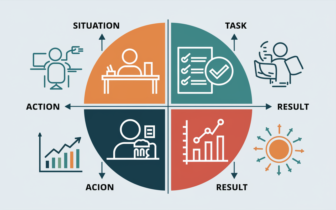 A visually appealing illustration of the STAR method framework used for answering behavioral interview questions. The image features four quadrants labeled: Situation, Task, Action, Result, each represented with relevant icons. In the Situation quadrant, an icon of a person at a desk in a challenging setting; in Task, a checklist being completed; in Action, a figure making calculated decisions; and in Result, a graph showing success. The background is light and professional, enhancing the educational feel of the infographic.