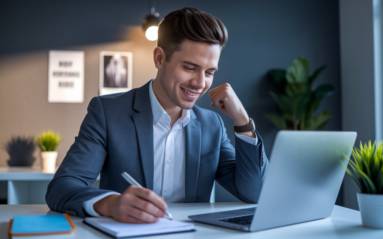 A professional candidate at a modern desk, drafting a thank-you email on a laptop after a job interview. The candidate exhibits a mix of relief and confidence, with a satisfied smile as they reflect on the meeting. The background shows a tidy work area with motivational posters and a plant, enhancing a sense of professionalism and hope for the future. Soft evening light filters through a nearby window, capturing the moment of reflection and gratitude.