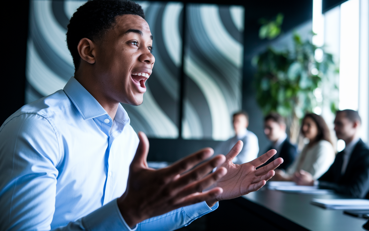 A close-up of a young male candidate in a light blue dress shirt, passionately answering a behavioral interview question in an upscale corporate environment. The background features abstract artwork and a large potted plant, creating a polished office ambiance. His hands are gesturing expressively as he speaks, indicating enthusiasm and confidence. Soft natural light filters through a window, highlighting his focused expression, while a panel of interviewers can be seen attentive in the blurry background, creating a sense of engagement.