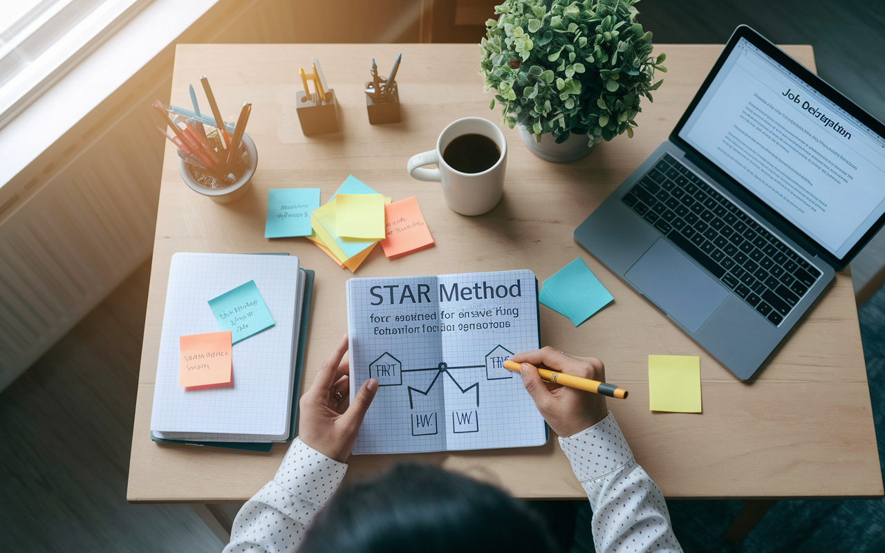 An overhead shot of a well-organized desk with a candidate's notes outlining the STAR method for answering behavioral interview questions. Sticky notes and a laptop displaying a job description are visible, suggesting intense preparation. The desk is clutter-free, with a coffee mug and a calming desk plant in the corner. Soft morning light pours through a nearby window, creating a serene ambiance, symbolizing the candidate's focused mindset before an interview.