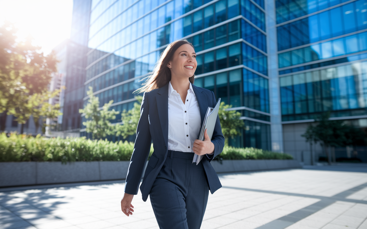 A confident female candidate in a professional outfit walking towards a sleek modern office building for an interview. She carries a portfolio under one arm and has an optimistic smile on her face. The backdrop features greenery and the hustle of city life, illustrating the excitement and tension of job seeking. The sun shines brightly, adding vibrancy to the scene and symbolizing new opportunities, emphasizing the candidate’s readiness for success.