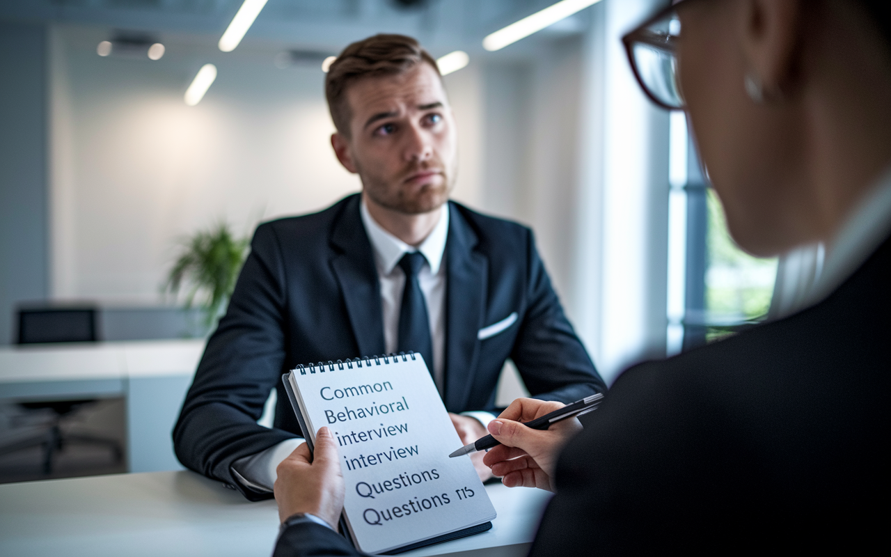 A close-up view of a job interview scenario with a focused candidate in formal attire, sitting across from an interviewer. The interviewer, a middle-aged woman with glasses, is holding a notepad with common behavioral interview questions written on it. The room is bright and professional, with modern décor. A sense of curiosity and concern is on the candidate's face, reflecting the weight of the questions being asked. Overhead lighting accentuates the seriousness of the discussion.