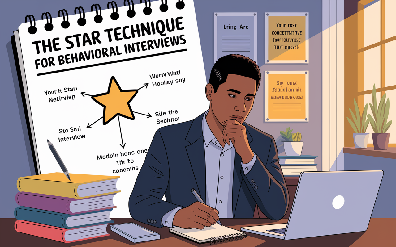 An illustrated scene depicting a career-driven individual reflecting on the STAR technique for behavioral interviews. The background shows a notepad with the STAR method written out as a guide. The character, a young man in a blazer, looks deep in thought as he prepares for an interview. The room has academic elements like books and motivational posters. Soft sunlight streams through a window, enhancing the contemplative mood.