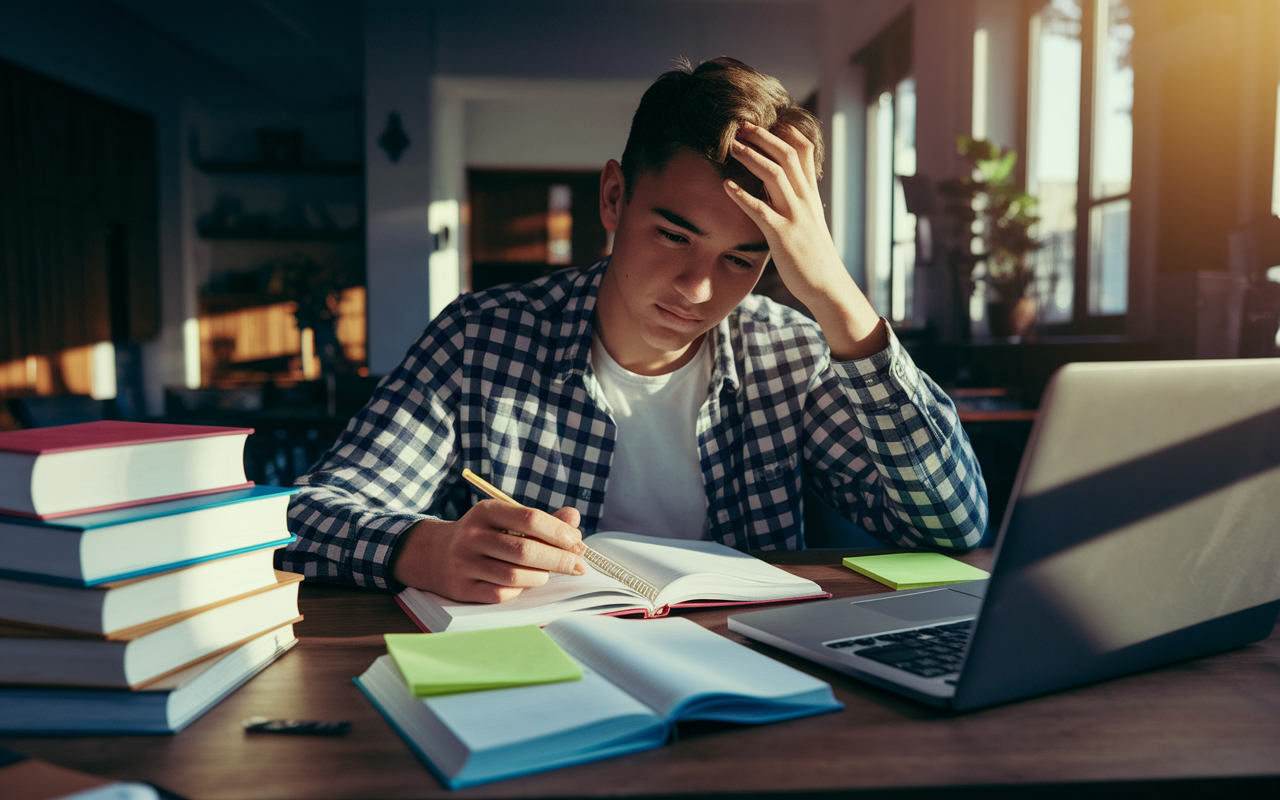 A young college student, stressed but determined, sits at a cluttered desk surrounded by open textbooks and sticky notes. The moment captures the student's focus as they speak into a laptop camera during a virtual interview, conveying a blend of anxiety and confidence. The ambient light creates a warm atmosphere, contrasting with the chaotic environment, symbolizing the hard work and preparation behind an important moment. Shadows cast by the intense late-day sun add to the emotional tone.