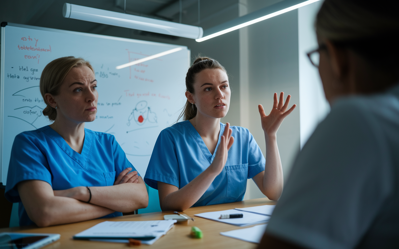 An intense meeting scene where a young volunteer at a clinic discusses ideas with a skeptical nurse. The atmosphere is dynamic with a blend of gestures and heavy emotions. A whiteboard in the background features brainstorming notes and diagrams. The volunteer appears determined and respectful, while the nurse, with arms crossed, shows her initial resistance. Soft fluorescent lights illuminate the room, creating a contrast between tension and potential collaboration.