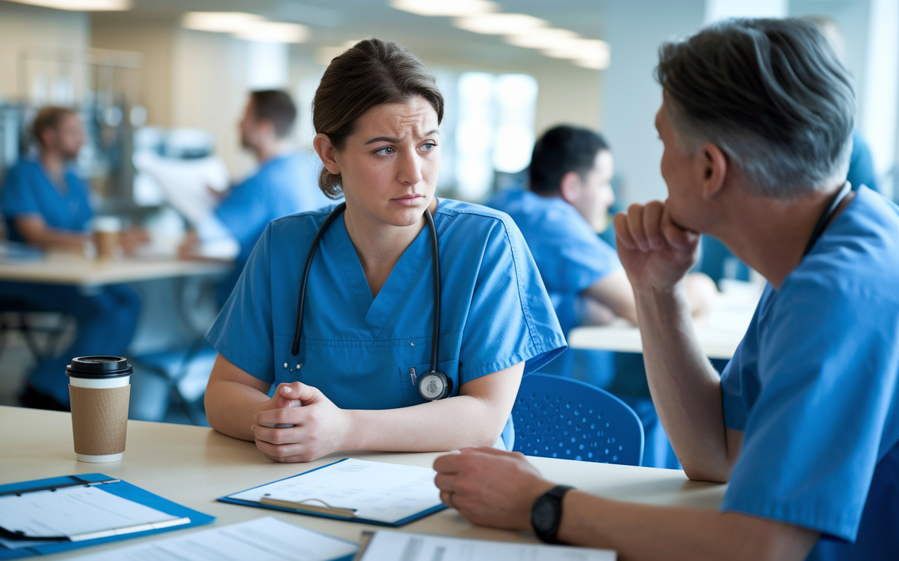 A medical intern in scrubs sits in a hospital break room, brow furrowed in concern as they discuss a mistake with their supervisor. The room is filled with a sense of camaraderie and professionalism, with medical charts and coffee cups scattered throughout. The lighting is bright yet soft, creating an inviting atmosphere. The intern shows sincerity and accountability, while the supervisor listens attentively, nodding in understanding, showcasing an environment of learning and growth.