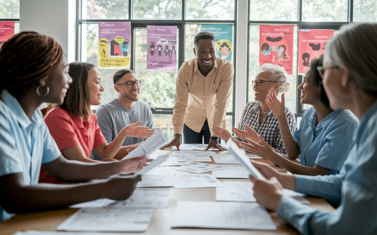 A group of diverse volunteers gathers around a table laden with papers, discussing plans for a health education event. The atmosphere is lively and inclusive, with smiles and gestures of enthusiasm as the leader facilitates input from all members. Bright posters related to health themes hang on the walls, and natural light pours in through large windows, creating an inspiring environment. The leader's confident posture conveys authority and encouragement, emphasizing the power of teamwork.