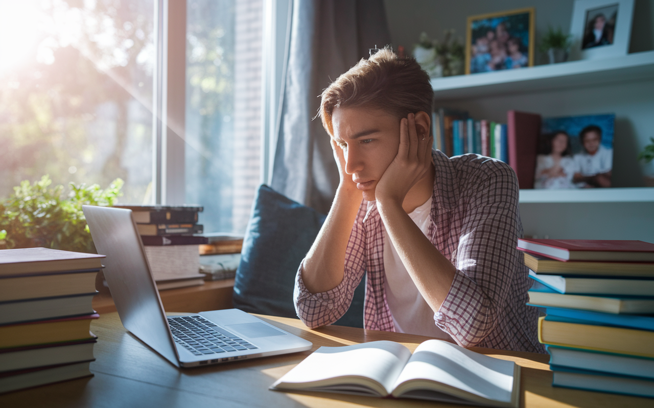 A student studies at home, utilizing a laptop for online classes during the pandemic. The setting is cozy, with books piled next to a desk and a window showing a sunny day outside. The student's expression is focused yet contemplative, reflecting adaptation to a new learning environment. Sunlight spills in, illuminating the room, symbolizing hope and productivity amidst change. Family photos in the background add a personal touch, showcasing the student’s life beyond academics.