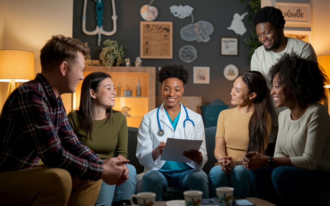 An inspiring scene of a hopeful medical school applicant surrounded by supportive friends and family in a living room decorated with medical-themed items. The applicant is rehearsing their responses, looking confident and well-prepared. Warm light from a lamp casts a glow over the room, creating an atmosphere of encouragement and optimism. The friends nod and smile, fostering a sense of community and support for the applicant's journey.