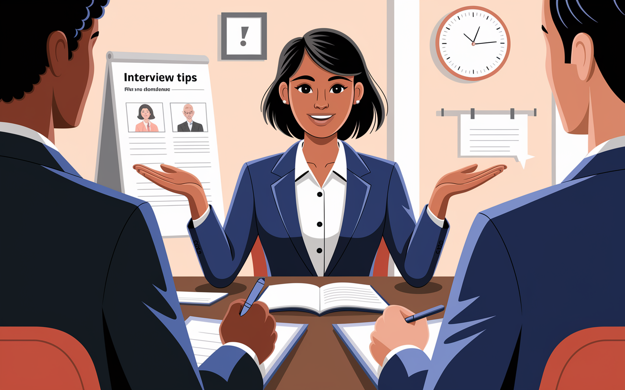 A close-up scene of a candidate in a professional interview setting, animatedly explaining a past work scenario. The candidate, a young woman in a smart blazer, shows expressions of enthusiasm and confidence. The interviewers, seated across the table, show attentiveness with nodding heads and pen in hand taking notes. Background details include a softly lit room, with a flip chart showcasing interview tips, and a clock indicating the seriousness of time management in an interview setting.