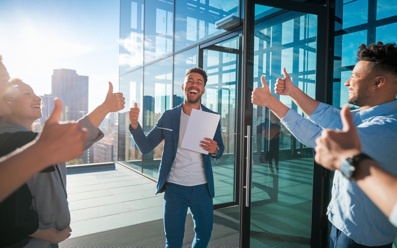 A celebratory scene of a joyful candidate exiting a modern glass office building after an interview, holding a job offer letter with a big smile. The sun is shining, and the cityscape glows with positivity in the background. Surrounding the candidate are colleagues giving thumbs up and congratulatory gestures, creating an atmosphere of triumph and excitement. The scene captures vitality, hope, and the feeling of accomplishment after a successful interview.