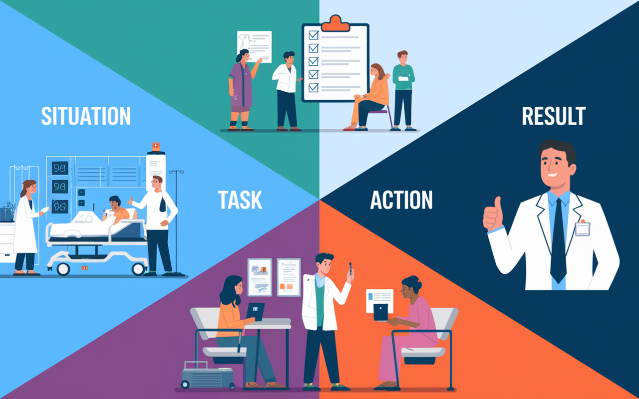 A split-screen infographic illustrating the STAR method with four labeled sections: Situation, Task, Action, Result. Each section includes a small, relevant illustration. For 'Situation', depict a busy hospital ward; for 'Task', show a checklist; for 'Action', illustrate a person communicating with a patient; for 'Result', display a smiling supervisor giving a thumbs up. Use modern graphic design with vibrant colors and clean lines to create an engaging visual.